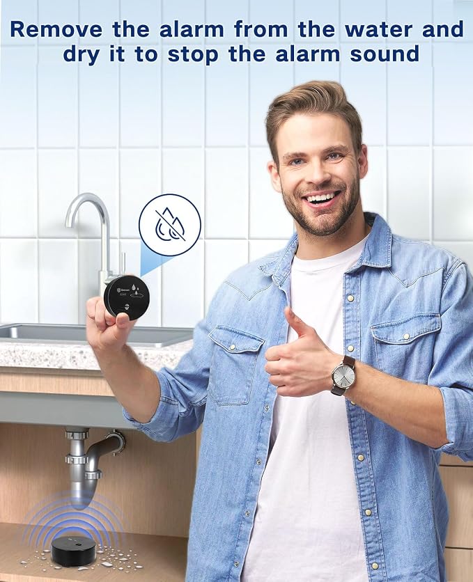 Geevon 1 Pack Water Leak Detectors, 100dB Water Sensor Alarms Flood Detector for Basements, Bathrooms, Laundry Rooms, Kitchens, Garages, and Attics, Water Alarms Battery-Operated (Battery Included)