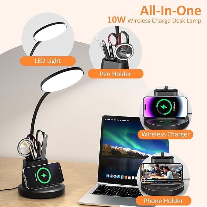 Desk Lamp with Wireless Charger, LED Desk Lamps for Home Office with Pen Holder, Dimmable Eye-Caring Study Desk Light Flexible Arm 3 Color Modes for College Dorm, 800 Lumens CRI 90