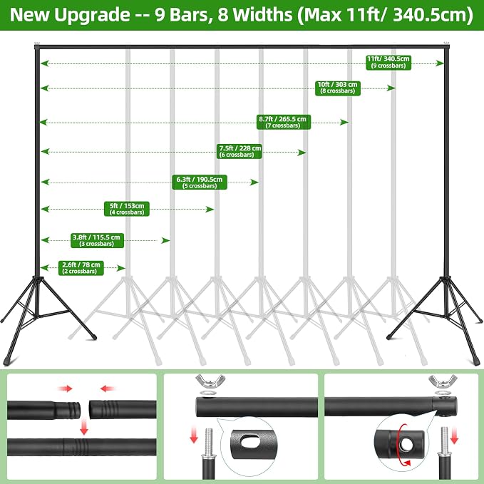 Hemmotop Backdrop Stand 11x10ft, Heavy Duty Background Stand Kit with 2 Sandbags, Photo Booth Frame for Wedding, Birthday, Baby Shower, Halloween, Christmas Party Photos, Projector Screen