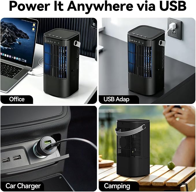 Portable Air Conditioners, 4-in-1 Mini Air Conditioner Evaporative Air Cooler, Portable AC with 1000ML Tank, 3 Speeds & 7-Color LED, Small Air Conditioner with Timer for Bedroom, Desktop, Home, Office