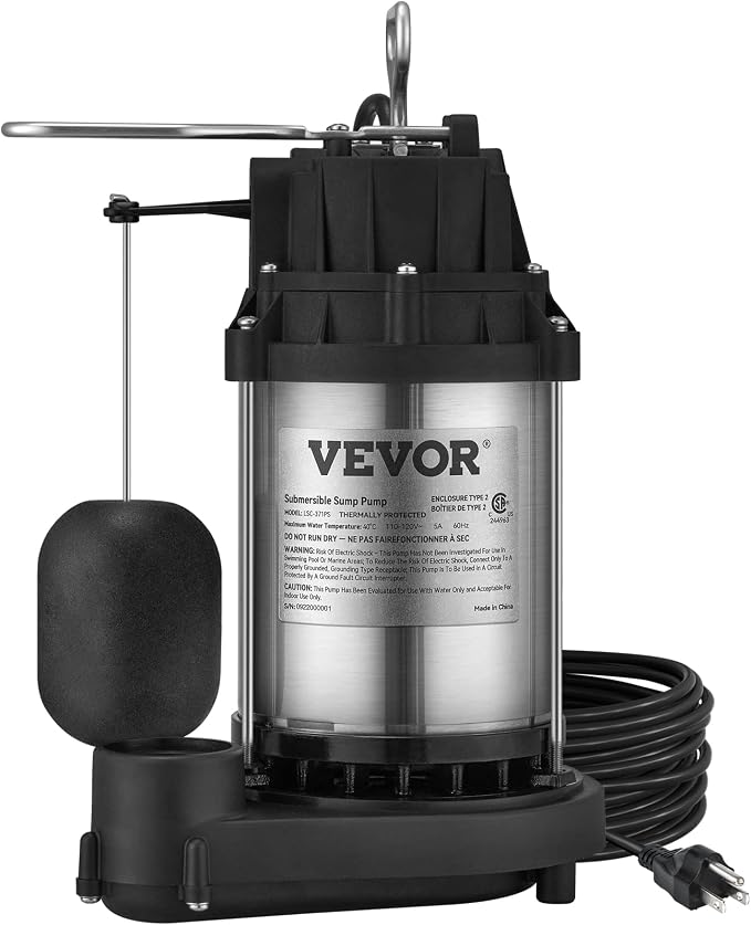 VEVOR 1/2 HP Sump Pump Submersible, Sump Pump with Stainless Steel Surface, 10 ft Power Cord, 1-1/2" NPT Discharge, Automatic Float Switch, for Indoor&Outdoor Water Drain