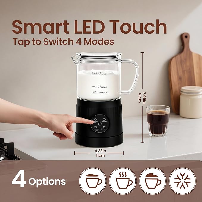 Casimhu 4-in-1 Milk Frother, Electric Milk Frother and Steamer with LED Touch Screen, Ceramic Lining Bottom, Milk Warmer 13.52oz for Lattes, Cappuccinos, and Macchiatos at Home (Black)