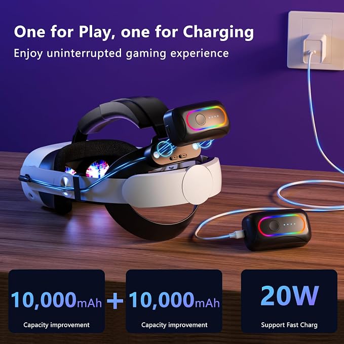 Saqico 20000mAh Dual Magnetic Battery Head Strap Compatible with Meta Oculus Quest 2/3/3S, Cool RGB Battery Pack & Easy to Replace Extend VR Playtime-Premium Comfort & Adjustable, Reduce Facial Stress