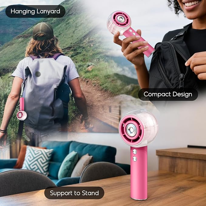 Misting Portable Handheld Fan, Powerful Turbo Motor, 6000mAh Rechargeable Battery Personal Mini Fans with 4 Strong Wind Cooling Gadgets for Travel Camping, Beach, Outdoor, Gifts for Women Men-Hot Pink