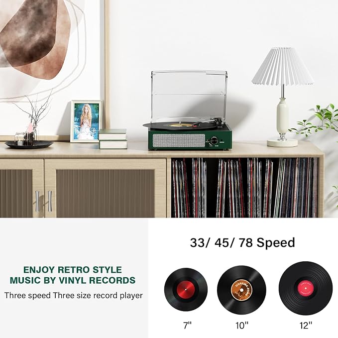 Record Player Bluetooth Turntable with Built-in Speakers & 3 Speed 3 Size Portable Retro Vinyl Record Player for Entertainment and Home Decoration Emerald Green
