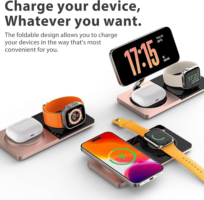 PETINO 3 in 1 Wireless Charging Station for Apple Devices with MagSafe | For iPhone 17/Air/16/15/14/13/12, AirPods & Apple Watch, Foldable Portable Aluminum Charging Stand, Adapter Included