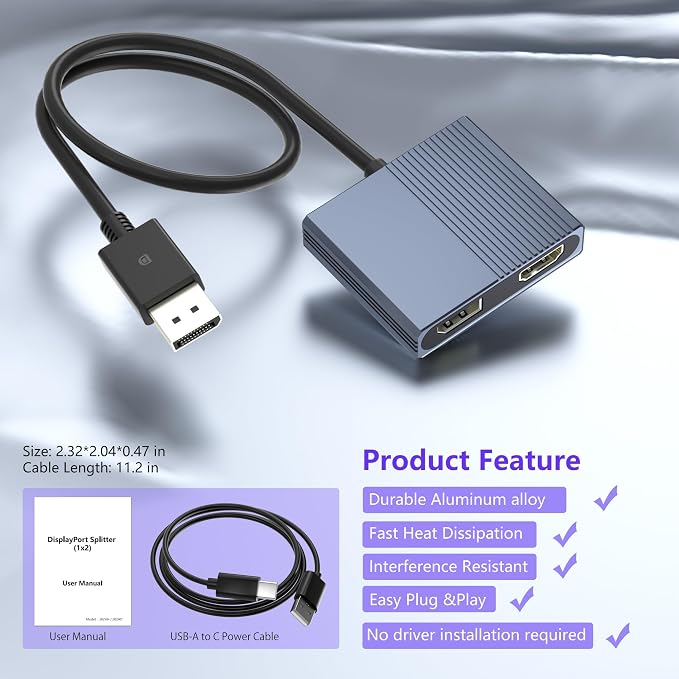 DisplayPort to HDMI and DisplayPort Adapter, 4K@60Hz Dual Monitor Adapter, DP to HDMI/Display Port Splitter 1 in 2 Out Extended Display, DisplayPort MST Hub for Desktop Laptop Graphic Card