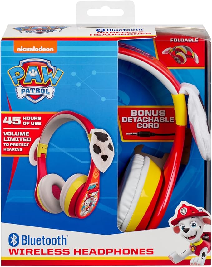 Paw Patrol Bluetooth Headphones for Kids, Volume Reduced Wireless Headphones for School Home or Travel (Paw Patrol Marshall)