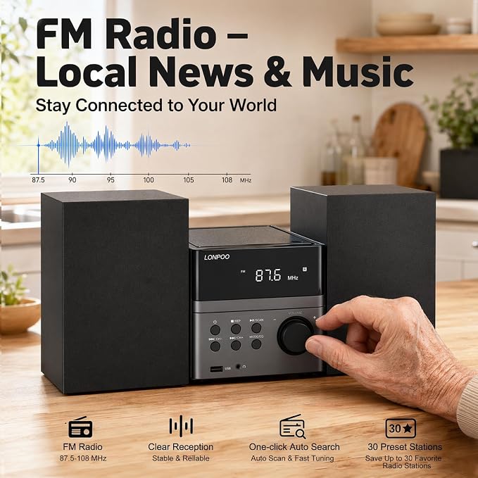 Home CD Stereo Shelf System, 30W Micro HiFi System (with CD Player, FM Radio, Bluetooth 5.3, USB Playback, AUX-in, Headphone Jack, Remote Control, DSP-Tech