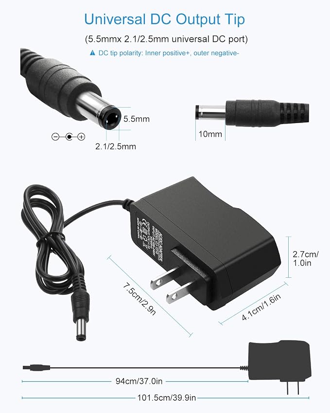 ALITOVE 12V 1A Power Supply Adapter AC 100-240V to DC 12 Volt 12W 1000mA Converter 4.92Ft Cord with 5.5 x 2.5mm 2.1mm Tip for Wireless Router CCTV Camera DVR NVR Surveillance System LED Strip (2 Pack)