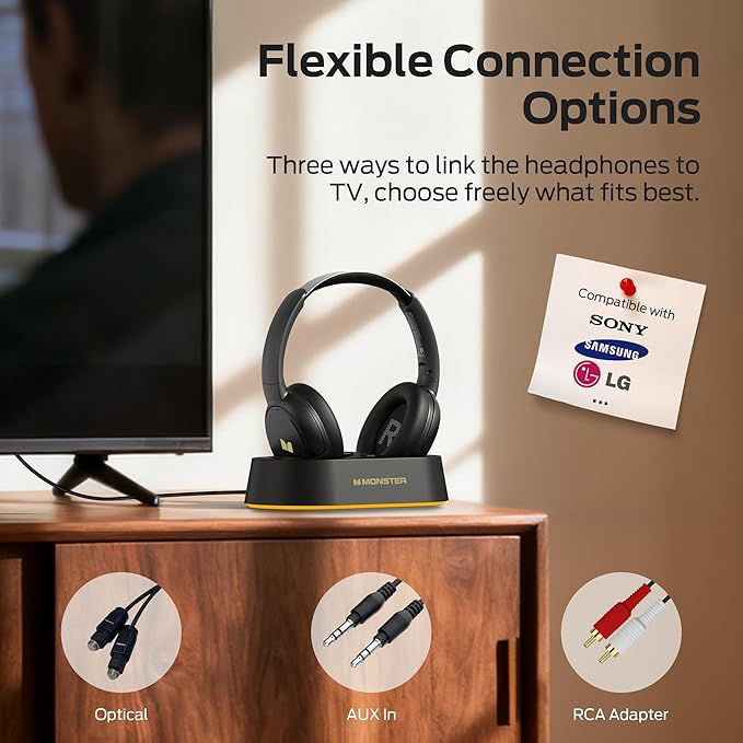 Monster TVlink 300 Wireless Headphones, TV Headphones Wireless for Seniors with Transmitter Charging Base, Over Ear Headphones with Bluetooth 5.3, 45H Playtime, No Audio Delay, Comfortable Fit, Black