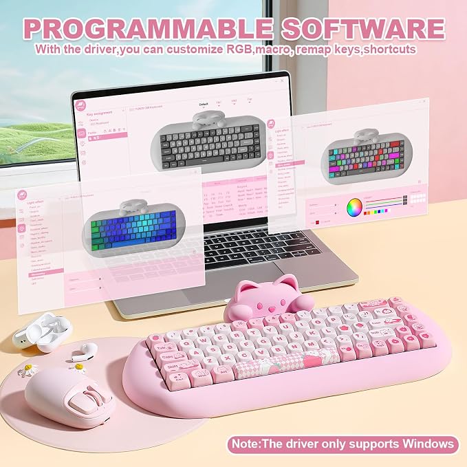 YUNZII C68 Wireless Mechanical Keyboard,65% Layout,Hot Swap,Triple Mode BT5.0/2.4G/Wired, RGB Backlit NKRO,Cute Cat Silicone Ergonomic Design for Win/Mac (Pink, Milk Switch)