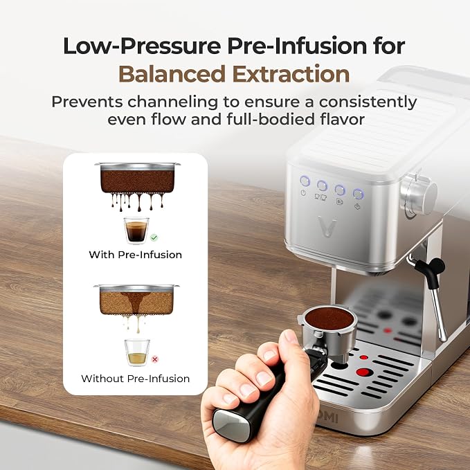 VIOMI T1A Espresso Machine 20 Bar, Compact Espresso Maker with Milk Frother, Coffee Machine with 37oz Removable Water Tank, Cold Brew Machines for Home Barista, Latte, Cappuccino Machine, Silver
