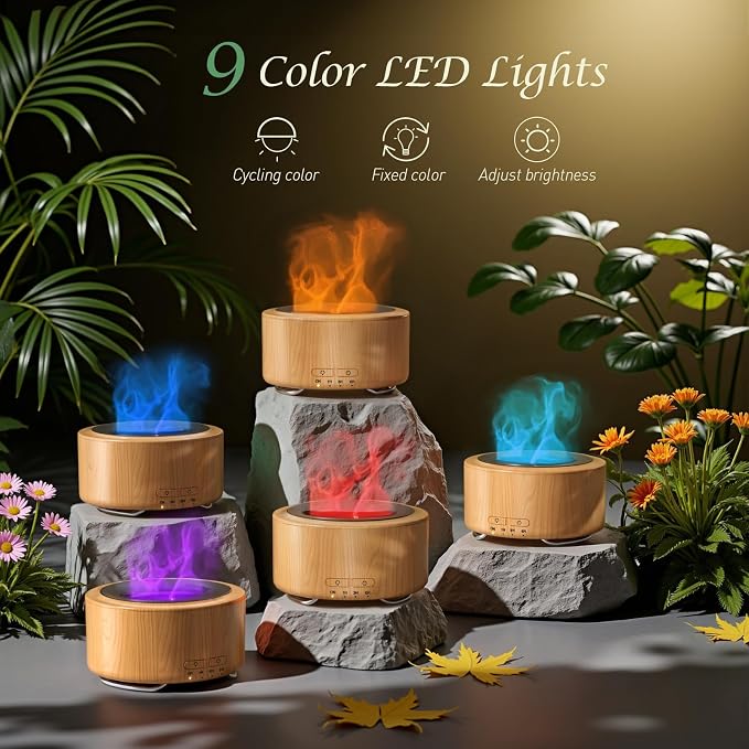 Essential Oil Diffuser for Home: 500ML Aroma Diffuser with Fireplace Flame Light & 9 Colors LED - Quiet <25dB Cool Mist Humidifier for Bedroom Office Yoga Room