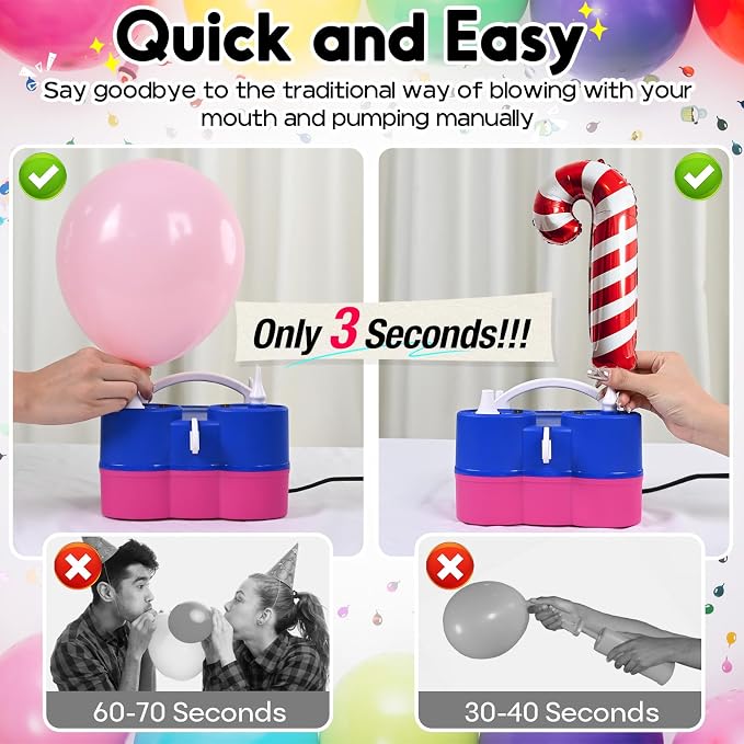 3-in-1 Electric Balloon Pump, Portable Air Pump for Latex 260q Foil Balloons, Dual Nozzle Balloon Blower Machine for Party Decoration, 110V AC Inflator Deflator for Inflatables Pool Floats Mattress