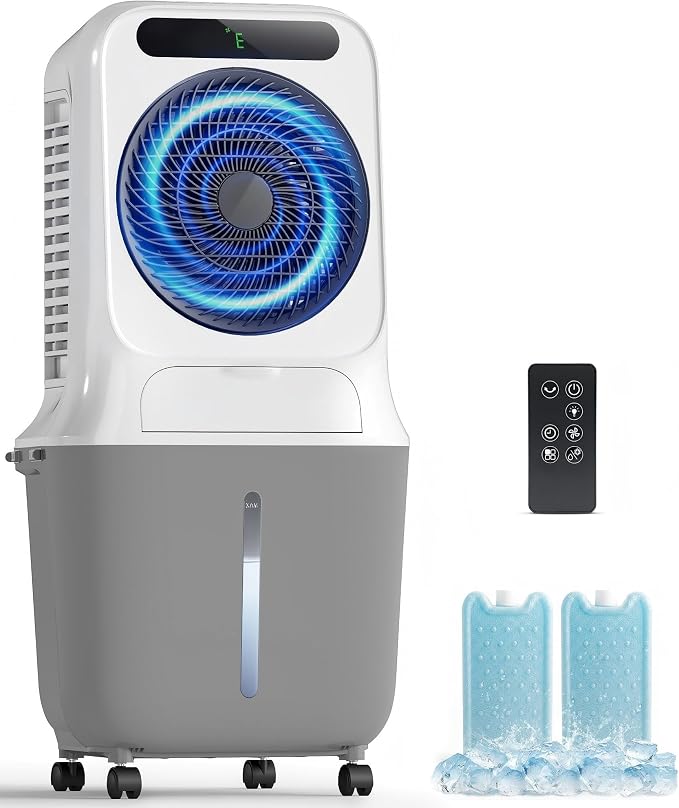 3-in-1 Evaporative Air Cooler - Portable Swamp Cooler Air Conditioner with 3 Modes & 3 Speeds, 6.6 Gallon Cold Air Cooler, Cooling Fans that Blow Cold Air for Home, Office, 2 Ice Packs
