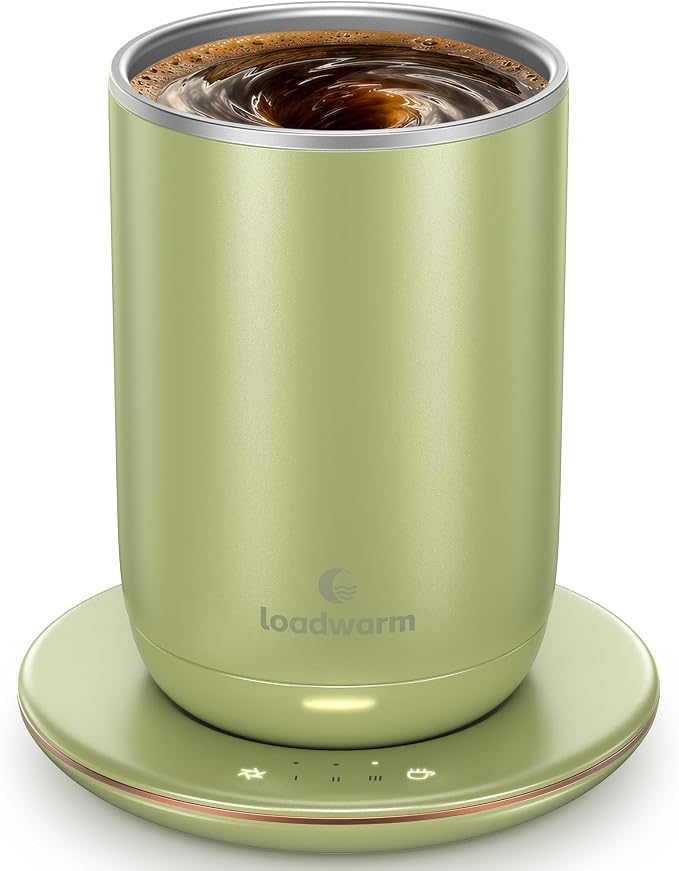 Self Heated Stirring Coffee Mug, 10oz Auto Mixing Cup with Warmer, Green | 3 temp settings, food-grade stainless steel interior, 8-hour auto shut-off, plug-in desk mug with Warmer for office home