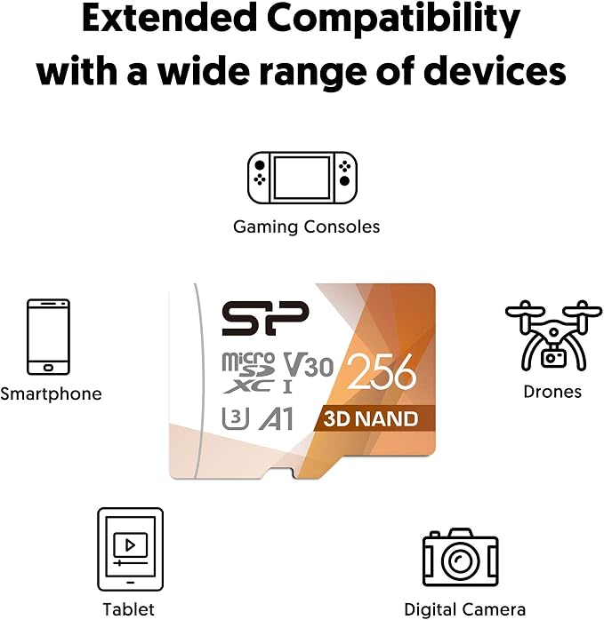 Silicon Power 256GB Micro SD Card U3 SDXC Up to 100MB/s High Speed Memory Card with Adapter for Nintendo-Switch, Cams and Drones