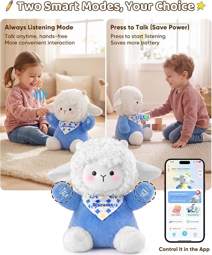 blurams Baamy AI Talking Plush Toy for Kids, Interactive Lamb Stuffed Animal with Real-Time Voice Chat, Memory & Emotional Companion, Squeeze-to-Talk, Rechargeable, Soft Gift for Boys & Girls Age 3+