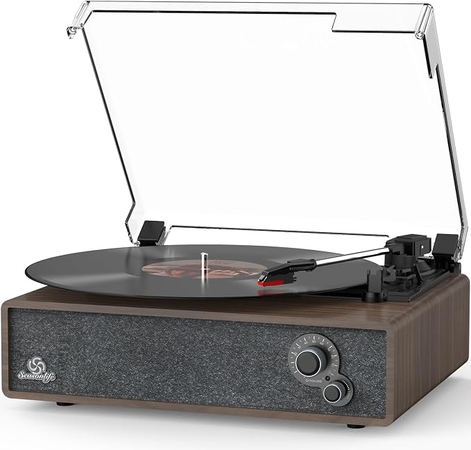 Record Player Vintage Turntable for Vinyl Records Built-in Stereo Speakers LP Phonograph Auto Stop Tone Adjustment Belt Drive 3 Speed 3 Size Support Wireless Input RCA Output Retro Coffee Brown
