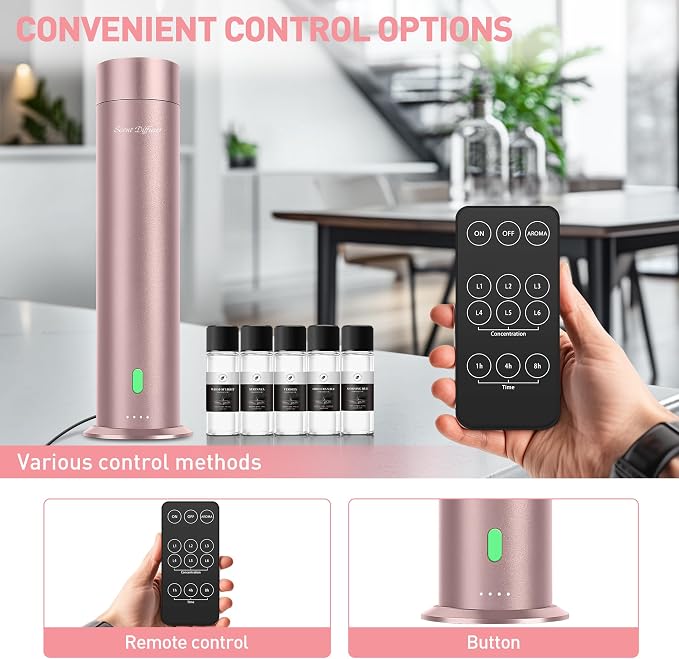 Waterless Scent Diffuser Starter Kit - 1000 Sq Ft Coverage, Hotel Scent Diffuser, Essential Oil Diffuser for Home & Large Room, Included 5 Scent Oils, Remote Control, Rosepink, 11In