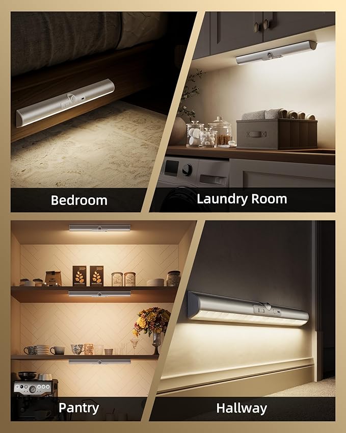 EZVALO 15-inch Motion Sensor Closet Lights, 3 Pack Rechargeable Cabinet Lights with Adjustable Sensor, Glare-Free, 3 Color Temps & Dimmable, Magnetic Motion Light Indoor for Pantry, Stairs