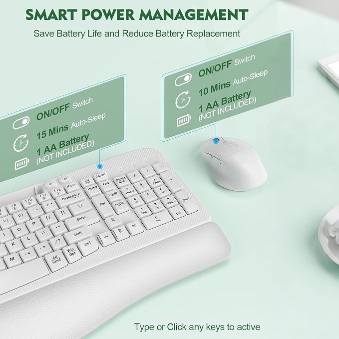 Wireless Keyboard and Mouse Combo, Full-Sized Ergonomic Wave Keys Keyboard with Memory Foam Wrist Rest & Phone Holder, 2.4G Quiet Keyboard Mouse Work Setup for PC Laptop, Office or Home (White)