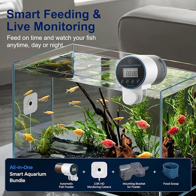 Automatic Fish Feeder, WiFi Camera with app,with Camera and Timer, Automatic Fish Feeder for Aquarium,Vacation Feeder with 230ml Large Capacity and USB Cable for Turtle Betta Koi Tank