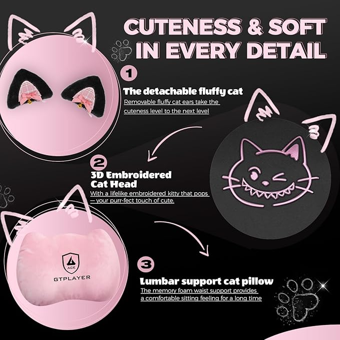 GTPOFFICE Cute Gaming Chair with Cat Ears,Ergonomic Computer Chair with Footrest Cat Paw Lumbar Support Comfortable Reclining Game Chair Desk Chair for Adult Teens, Soft Fabric, Pink Black