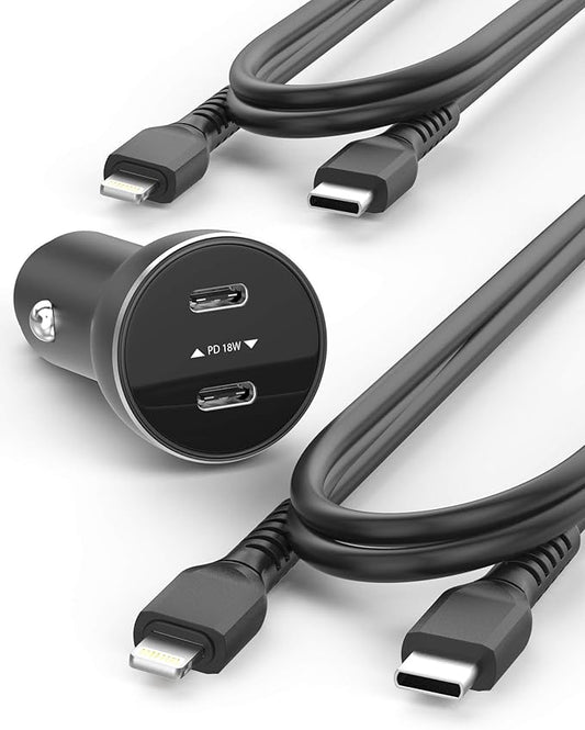 Galvanox Dual iPhone Car Charger, 2X Fast Charging Ports with 2X USB-C to Lightning Cables for iPhone 11/12/13/ iPhone 14 Pro Max (Black)