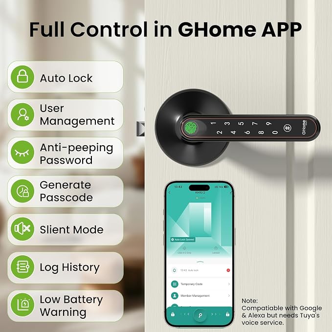 Ghome Smart Fingerprint Door Knob with Lock, 5-in-1 Keyless Entry Door Lock with Handle, App Control, Passcode & Key, Fingerprint Door Lock for Bedroom, Biometric Smart Lock for Apartment & Home