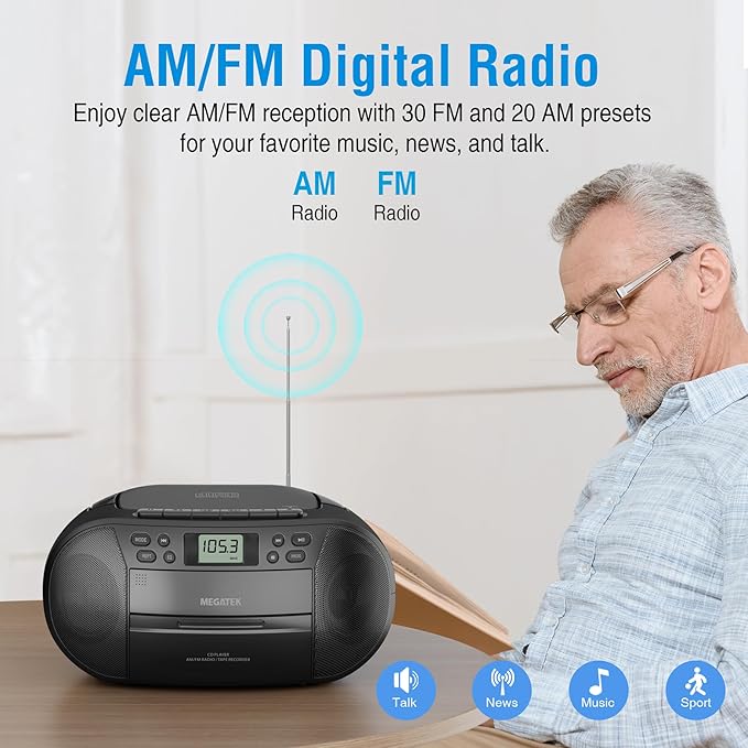 MEGATEK CBR510 Portable CD/Cassette Player Boombox with Bluetooth, AM/FM Radio, USB Playback, AUX Input, Headphone Jack, LCD Display, AC/Battery Powered Stereo System for Home