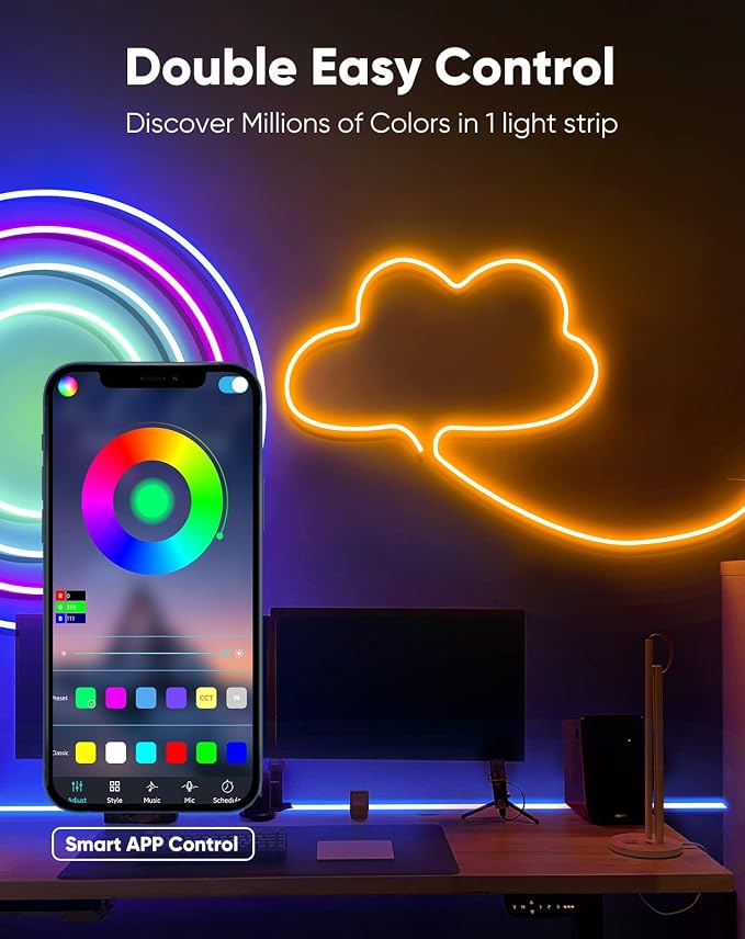 Shine Decor 24V Neon Rope Lights Smart APP Control Music Sync, 32.8FT/10M RGB Neon LED Strip Lighting for Indoor Outdoor Bedroom Gaming Light, Color Changing Dimmable Flexible IP65 Waterproof