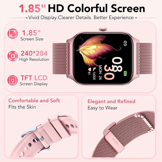 Smart Watch for Women, Answer/Make Call/AI Voice,1.85" HD Smartwatch Compatible for iPhone/Samsung/Android,120+Sport Modes Fitness Tracker with Heart Rate/Sleep Monitor, IP68Waterproof (2 Bands)
