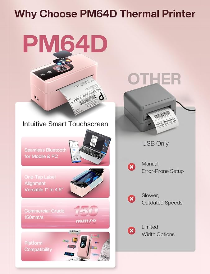 Phomemo 4x6 Shipping Label Printer with Touch Screen, Bluetooth Thermal Printer for Small Business, Auto Label Detection, 150mm/s High Speed, Compatible with Amazon, USPS, UPS, iOS Android Windows Mac