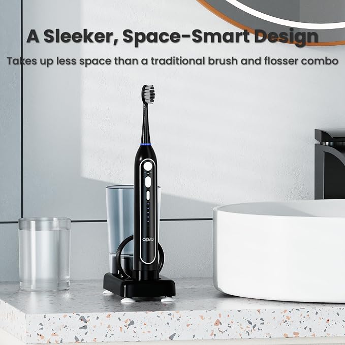 Electric Toothbrush with Water Flosser Combo, 3-in-1 Sonic Flossing Electric Toothbrush for Travel & Home, 330ml Easy-Clean Cup, 5 Speeds & 3 Modes for Braces, IPX7, 30-Day Battery, Black