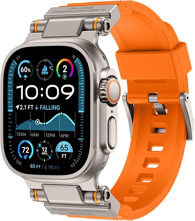 FOAMUNOC Rugged Band Compatible with Apple Watch Ultra 3/2/1 Band 49mm/46mm/45mm/44mm/42mm, Metal Connector with Strap for iWatch Ultra Series 11/10/9/8/7/6/SE3/SE2/SE/5/4/3/2/1, Orange/Titanium
