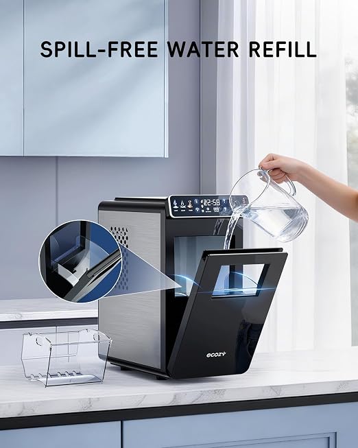 ecozy Ice Makers Countertop, Ultra Slim Design with Full-Color Panel, Internal Lights, 26 lbs/24H, Timer Ice Making, Two Ice Sizes, Portable Self-Cleaning Ice Machine for Home/Kitchen/RV