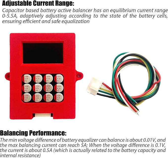 5A 4S LiFePo4 & NCM Active Battery Balancer, 12V, 0-5.5A Adaptive, Digital Voltage Display (DS0855), Red, Type A/B Plug