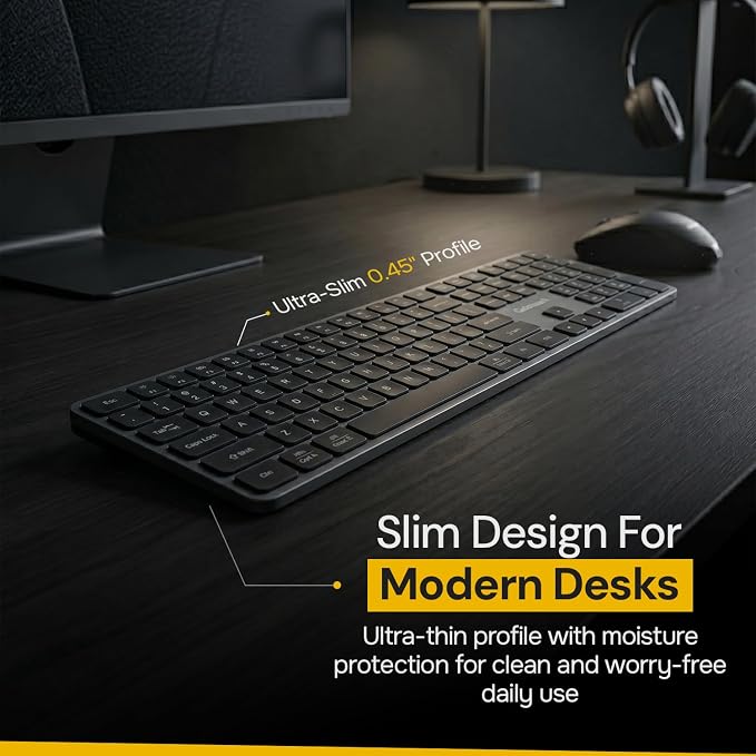 Goldtouch Trident Standard Keyboard. Full-Size Multi-Device Keyboard. 2.4GHz, Dual Bluetooth & USB Wired. Low-Profile Scissor Switch. 6-Month Battery. Slim Office Keyboard