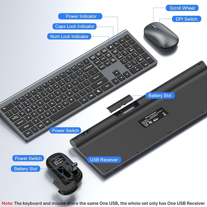Wireless Keyboard and Mouse Combo, Full Size Keyboard and Mouse, Long Battery Life, Optical Mouse, 2.4G Lag-Free Cordless Mice Keyboard Set Ultra Slim Design for Computer, Laptop, PC, Mac, Windows