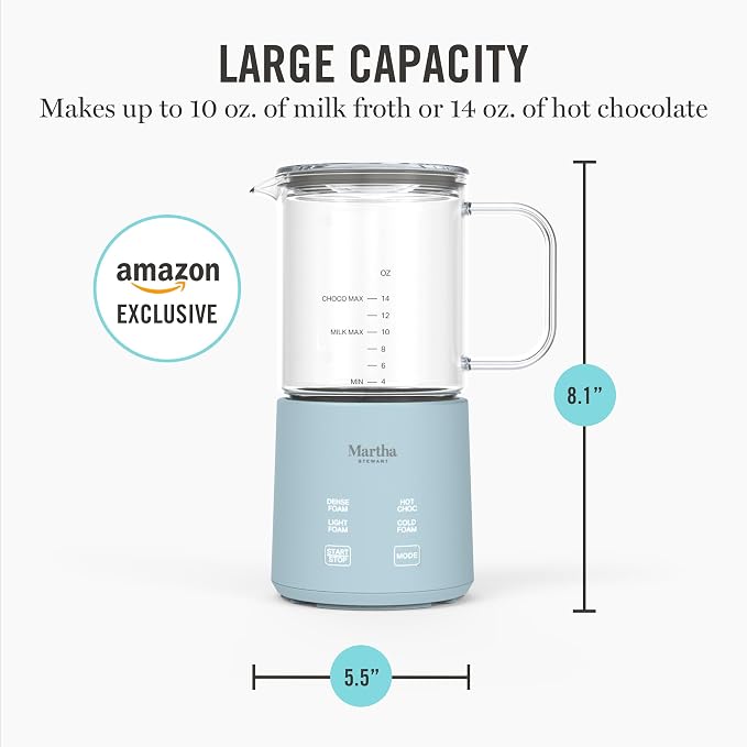 Martha Stewart Milk Frother and Steamer, 10oz/300ml Glass Cup, 4 Presets (Cold Foam, Light, Dense & Hot Chocolate), Ready in 90 Seconds, Cordless Pouring, One-Touch for Hot and Cold Milk, Sky Blue