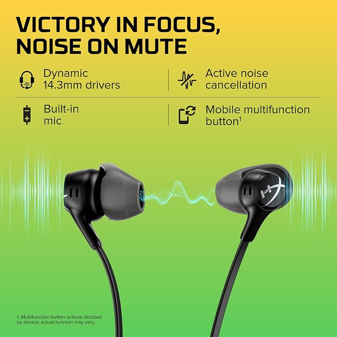 HyperX Cloud Earbuds II – 14mm Drivers, Four Eartips, Hard-Shell Carrying Case, Low-Profile 90° Plug, 3.5mm Plug, Built-in Microphone, Multi-Function Button, PC, Mobile, Nintendo Switch – Black