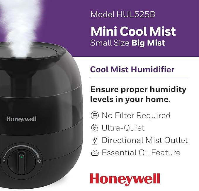 Honeywell Small Compact Ultrasonic Mini Cool Mist Humidifier with Adjustable Mist Control and Essential Oil Tray for Indoor Humidity, Black