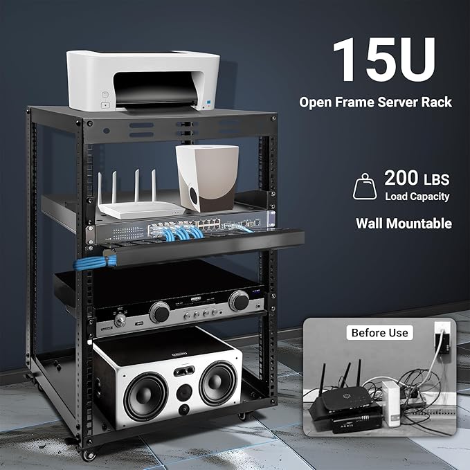 15U Open Frame Server Rack, Wall-mountable IT Rack w/Swivel Casters, 2 Rack Shelves, Top & Bottom Panels, Network Rack for Stereo/Computer/Data/IT/AV Equipment, 19.7”L x 18.8”W x 32.3”H