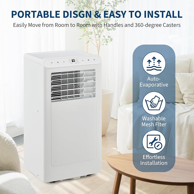 8000 BTU Portable Air Conditioners, 4-In-1 Portable AC Unit for Rooms Up to 350 Sq. Ft, Dehumidifier, Fan, Energy Saving, Remote Control, 24 Hour Timer, Sleep Mode, for Bedroom/Office,White