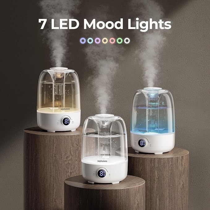 Homvana Humidifiers for Bedroom Diffusers - Top Fill 3.5L Cool Mist Humidifier Large Room, 40H Runtime Diffusers for Home, Air Humidifier for Plants, Baby Nursery, Essential Oil Diffusers (White)