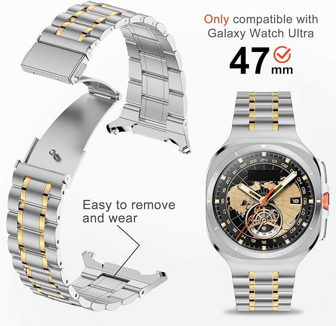 SUPLINK Stainless Steel Bands Compatible with Samsung Galaxy Watch Ultra Band Men Women, Adjustable Metal Replacement Band for Samsung Watch Ultra Bands 47mm, Silver Gold