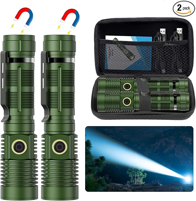 Hoxida Small Tactical Flashlights High Lumens - 1500 Meters Long Beam Super Bright LED Magnetic Flashlight USB Rechargeable Zoomable 5Modes Long Beam Spotlight Flashlight for Hiking, Camping-Green