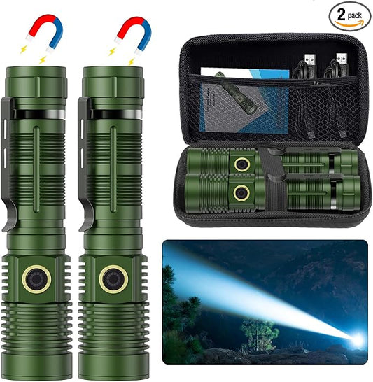 Hoxida Small Tactical Flashlights High Lumens - 1500 Meters Long Beam Super Bright LED Magnetic Flashlight USB Rechargeable Zoomable 5Modes Long Beam Spotlight Flashlight for Hiking, Camping-Green